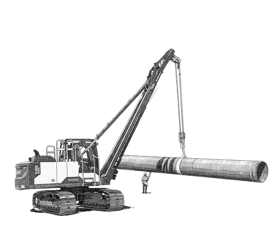 Large crane lifting pipeline section for oil and gas construction